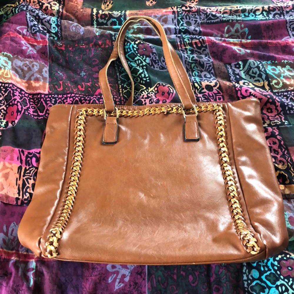 Chestnut Brown Leather Tote with gold trim